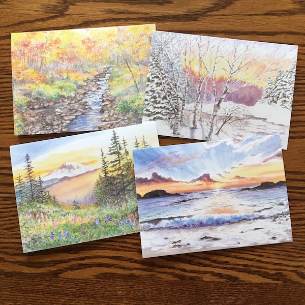 Original watercolor card set with envelopes, Four seasons nature cards, Any occasion cards, For him