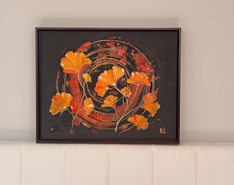 Original Ginkgo Leaf Acrylic Painting, Handmade Framed Wall Art, Modern Black and Gold Canvas, Luxury Botanical Home Decor