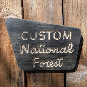 May include: A gray wooden sign with the words "CUSTOM National Forest" carved into it. The sign has a unique shape and is mounted on a wooden surface with visible wood grain.