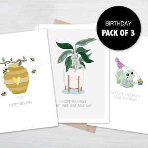 BIRTHDAY 3-pack pun greeting cards - happy birthday, animal, plant, food puns, cute, funny card for boyfriend, girlfriend, friend