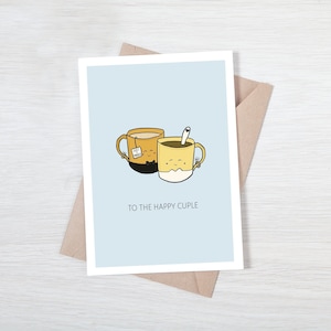 WEDDING pun greeting card, "To the happy cuple (couple)", smiling coffee tea, bride groom mugs, "Just Married", mr & mrs, congratulations