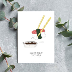 BIRTHDAY pun greeting card, "Sashimi (they see me) Rolling", funny cute happy birthday card, perfect for sushi lovers, boyfriend, girlfriend