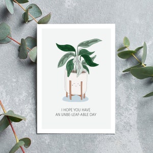 BIRTHDAY pun greeting card (blue), "I hope you have an unbe-leaf-able (unbelievable) day", happy bday, plant, cute for boyfriend, girlfriend