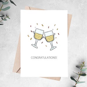 CONGRATULATIONS pun illustrated greeting card, cheers lets celebrate, cute congrats, new chapter, engagement, wedding, graduation, new job