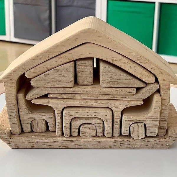 Montessori Toys - Speelset van natuurlijk houten huis met driehoekig dak - Houten puzzelbouwstenen - Waldorf educatief speelgoed