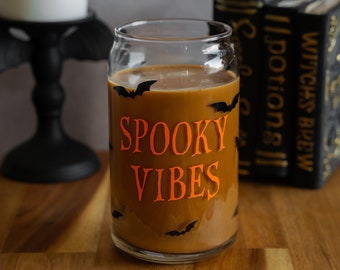 Spooky Vibes Halloween Theme Black Bats Beer Can Glass, 16oz Iced Coffee Mug, Halloween cup, Bats Tumbler, Halloween Theme Glass