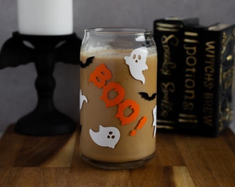 Ghost Bats Beer Can Glass, Halloween Glass Cup, Iced Coffee Glass, Spooky Season Cup, 16oz Coffee Cup