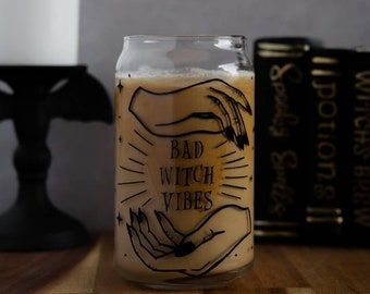Witchy Celestial Glass Mug, Bad Witch Vibes Iced Coffee Cup