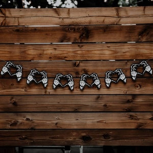 Gothic Birthday Skeleton Heart Hands Garland, Valentine&#39;s Day Decor, Goth Decor Banner, Black and White Bones Decoration