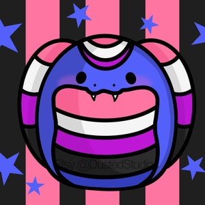 May include: A cartoon illustration of a snake in a circular shape, featuring blue, pink, white, and purple colors. The snake is set against a background of pink and black stripes, with blue star shapes scattered around it.