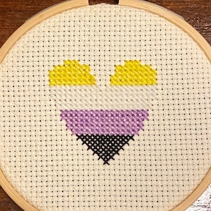 Peut inclure: Un cercle de broderie au point de croix avec un motif de drapeau de la fierté non binaire. Le motif comprend des couleurs jaune, blanc, violet et noir, cousues sur un tissu crème. Le cercle en bois est fixé avec un fermoir en métal.