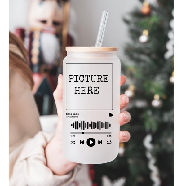 Custom Photo Spotify Glass Cup, Personalized Spotify Frosted Cup, Sublimation Frosted Glass Cup, Spotify Gift,Ice Coffee Glass, Gift for her