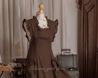 Victorian Pinafore “Rosa” Linen Apron Dress, Romantic Cottagecore Outfit, Edwardian Historical Clothing, Handmade