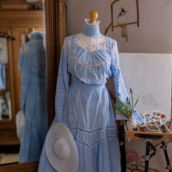 Dress "Lily Elsie" (blouse and skirt) in blue in edwardian victorian style