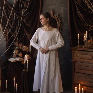 Philippa Medieval Linen Cotton Chemise, 14th Century Camisa Dress, Historical Reenactment Clothing