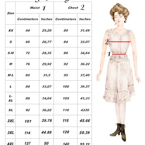 May include: A chart showing corset sizing in inches and centimeters. The chart includes sizes XS to 4XL, with corresponding waist and chest measurements. The chart is illustrated with a drawing of a woman wearing a corset.