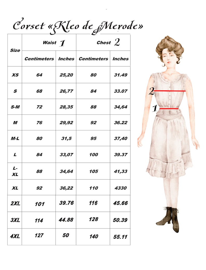 May include: A chart showing corset sizing in inches and centimeters. The chart includes sizes XS to 4XL, with corresponding waist and chest measurements. The chart is illustrated with a drawing of a woman wearing a corset.