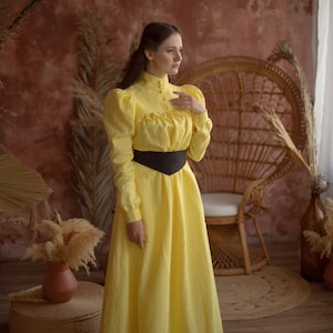 Edwardiaanse linnen jurk "Bertha", Gibson-meisjesjurk, Victoriaanse jurk, Edwardiaanse jurk met hoge kraag, historisch kostuum