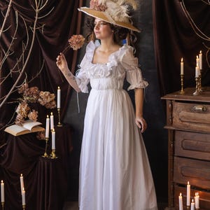 18th Century Silk Batiste Chemise à la Reine Dress, Regency Cotton Lined Gown