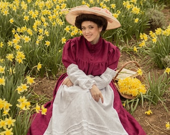 Set dress "Marie" and "Tasha Tudor" apron and oversleeves  in Edwardian Victorian style