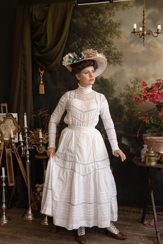edwardian cotton dress Style White - Lily Elsie Blouse & Skirt Set sorority outfits Hem:Asymmetrical Women Linen Dress, Womens Edwardian costume Also available in black