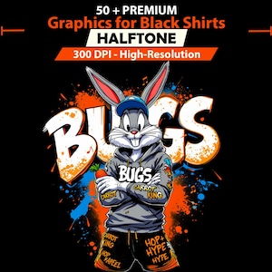 Paquete de 50+ Diseños de Camisetas Estilo Cartoon – Arte Pop Culture en PNG – Gráficos Urban Streetwear para Camisetas Negras –