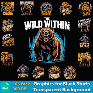 105 Pacchetto Design T-Shirt PNG, Sfondo Trasparente, Leone, Orso e Gorilla Grafiche Animali, Artistico e Creativo Collezione PNG T-Shirt