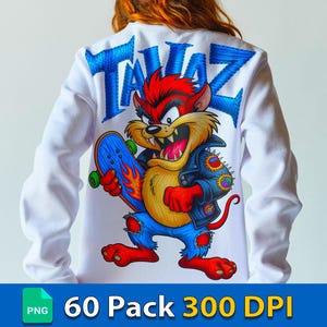 Peut inclure: T-shirt blanc à manches longues avec un personnage de dessin animé aux cheveux rouges, un corps jaune et un pantalon bleu, tenant un skateboard avec des flammes. Le mot "TAZ" est brodé en bleu au dos. Le texte "60 Pack 300 DPI" est également présent.