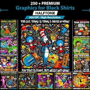Może przedstawiać: Grafika promocyjna dla czarnych koszulek z różnymi wzorami z kreskówek. Obraz zawiera tekst "250+ Premium Graphics for Black Shirts" i "Halftone". Projekty obejmują postacie z The Cat in the Hat, South Park i The Powerpuff Girls.