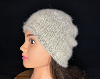 Reversible Angora Slouchy Beanie: Hand-knitted Grey Hat - Etsy display picture 2