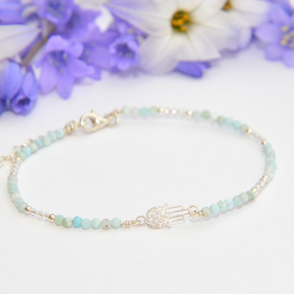 Armband aus Larimar und Silber, mit Hamsa