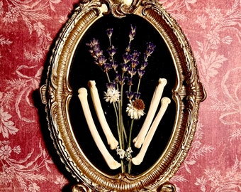 Coyote Bones and Dried Flower Frame Display- Oddities, Bones, home decor, witchy home decor, Victorian frame, gold framed bones, wall art