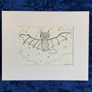 Hand Drawn Bat Art Print Cute Bat Art Print Hand Drawn Art Wall Art Gothic Wall Art Print Black and White Bat Art Print Original Art