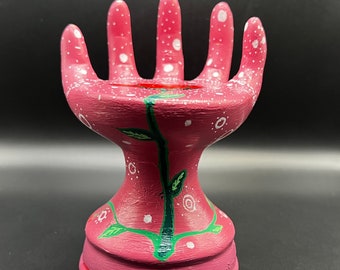 Pink Hand Painted Hand Display Sculpture Poppies Painted Malachite Display Home Decor Stone Display Glass Dome Folk Art Floral Hand Decor