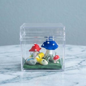 May include: A miniature whimsical scene inside a clear acrylic box. The scene includes colorful clay mushrooms in red and blue with white polka dots, yellow fish, and a green base. A small, decorative item.