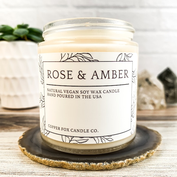 Rose and Amber Soy Candle, Aromatherapy Candles, Vegan Candle, Natural Soy Wax, Hand-Poured, Handmade, Gift For Her, Anniversary Gift