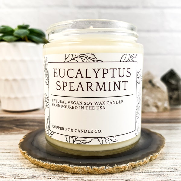 Eucalyptus Spearmint Soy Candle, Aromatherapy Candles, Vegan Candle, Natural Soy Wax, Hand-Poured, Handmade, Gift For Her, Anniversary Gift