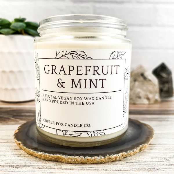 Grapefruit and Mint Soy Candle, Aromatherapy Candles, Vegan Candle, Natural Soy Wax, Hand-Poured, Handmade, Gift For Her, Anniversary Gift