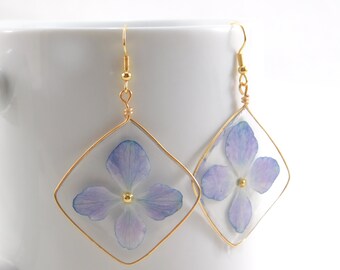 Real Hydrangea Earrings, Pressed Flower Earrings, Resin Petal Earrings, Dried Flower Earring, 21st Birthday Gift for Her, Blue Cute Earrings