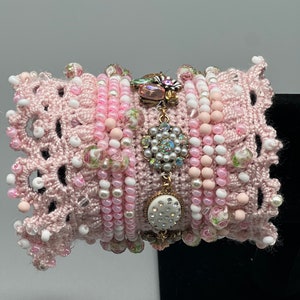 Beaded crochet lace cuff- pink flowers