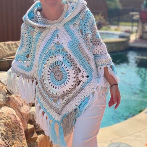 Handmade Crochet Colorful Hooded poncho- bluebell