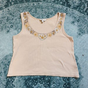 Vintage '00 - Jessica - Bead Sequin Ribbed Tank Sz L/XL Beige Y2K Pixie