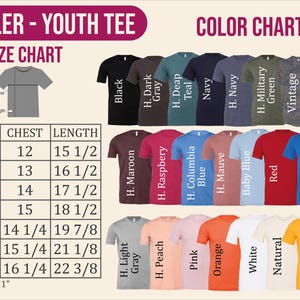 May include: A color chart and size guide for toddler and youth tees. The chart includes sizes 2T to YL, with chest and length measurements in inches. Color options include black, navy, and green.