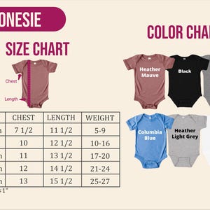 May include: Baby onesie size and color chart. The chart shows chest, length, and weight measurements for sizes newborn to 24 months. Color options include heather mauve, black, H. dark grey, Columbia blue, heather light grey, and white.