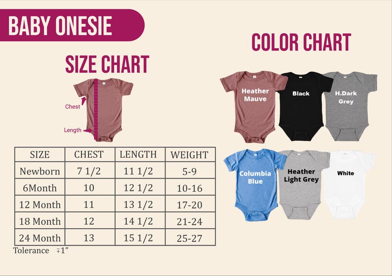 May include: Baby onesie size and color chart. The chart shows chest, length, and weight measurements for sizes newborn to 24 months. Color options include heather mauve, black, H. dark grey, Columbia blue, heather light grey, and white.