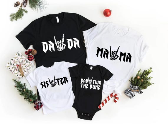 Bad Two The Bone 2nd Birthday Family Shirts, Rock On Skeleton Hand