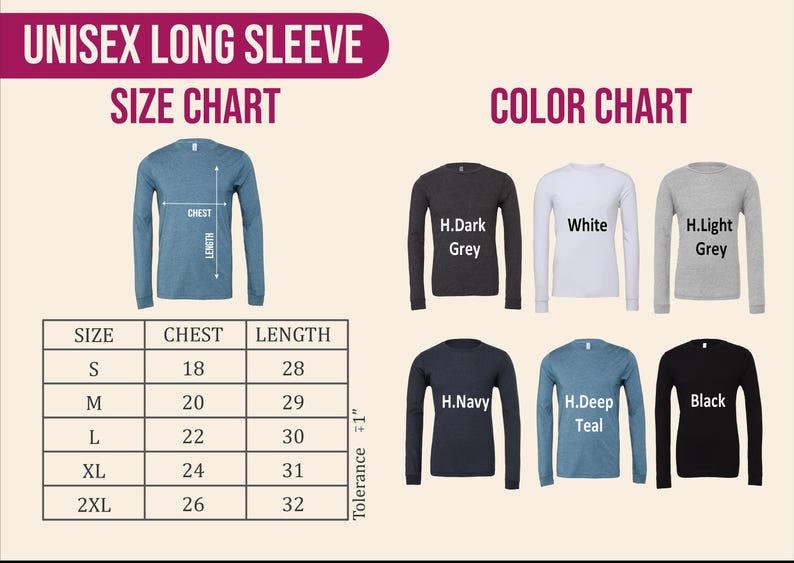 May include: A size and color chart for unisex long sleeve shirts. The size chart shows chest measurements from 18 to 26 inches and lengths from 28 to 32 inches. Color options include dark grey, white, light grey, navy, deep teal, and black.