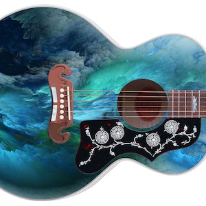 May include: A blue and green acoustic guitar with a floral design on the soundhole. The guitar has a natural wood finish on the neck and fretboard.