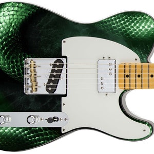 May include: A green electric guitar with a snake skin design. The guitar has a white pickguard and a maple fretboard.