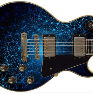 May include: A black electric guitar with a blue and black abstract design featuring a network of lines and dots. The guitar has gold hardware and a black pickguard.